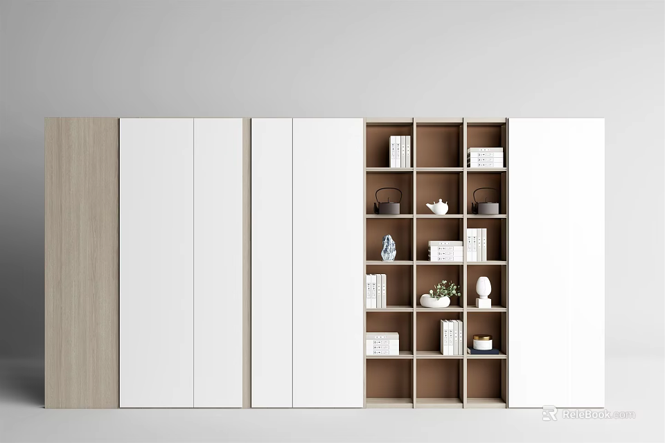 Modern Decorative Cabinet With White Doors Wooden Frame And Open Shelves Displaying Teacups Books 3d model 