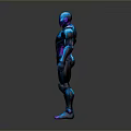 Game Movie Character In Futuristic Tech Armor With Blue Black Shiny Metallic Design