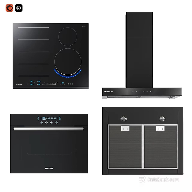 Modern Black Built in Kitchen Appliances Induction Cooktop Range Hood Oven And Sterilizer 3d model 