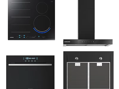 Modern Black Built in Kitchen Appliances Induction Cooktop Range Hood Oven And Sterilizer 3d model