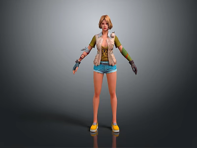 Blonde Female Human Character In Green Top Blue Shorts Yellow Shoes With Arm Guards Gloves 3d model