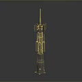Tall Black Communication Tower With Antenna And Equipment On Gray Background