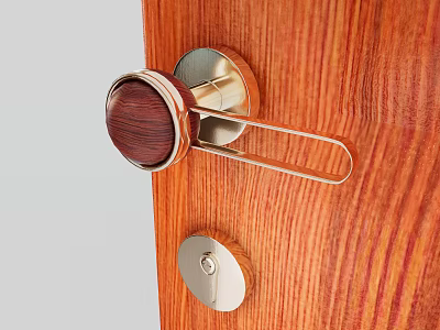 Modern Wooden Door Handle with Brass Accent and Wooden Grip on Natural Wood Grain Surface 3d model