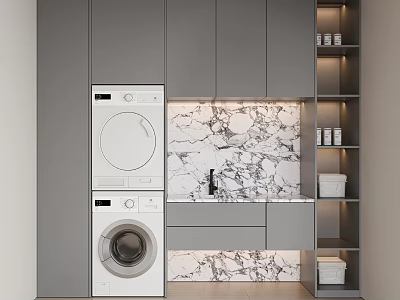 Modern Gray Bathroom Cabinet With Marble Backsplash Stackable Washing Machines And Open Storage Shelves 3d model