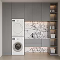 Modern Gray Bathroom Cabinet With Marble Backsplash Stackable Washing Machines And Open Storage Shelves