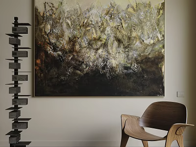 Textured Abstract Painting In Neutral Tones With Wooden Chair And Bookshelf Interior 3d model