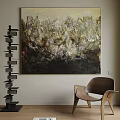 Textured Abstract Painting In Neutral Tones With Wooden Chair And Bookshelf Interior
