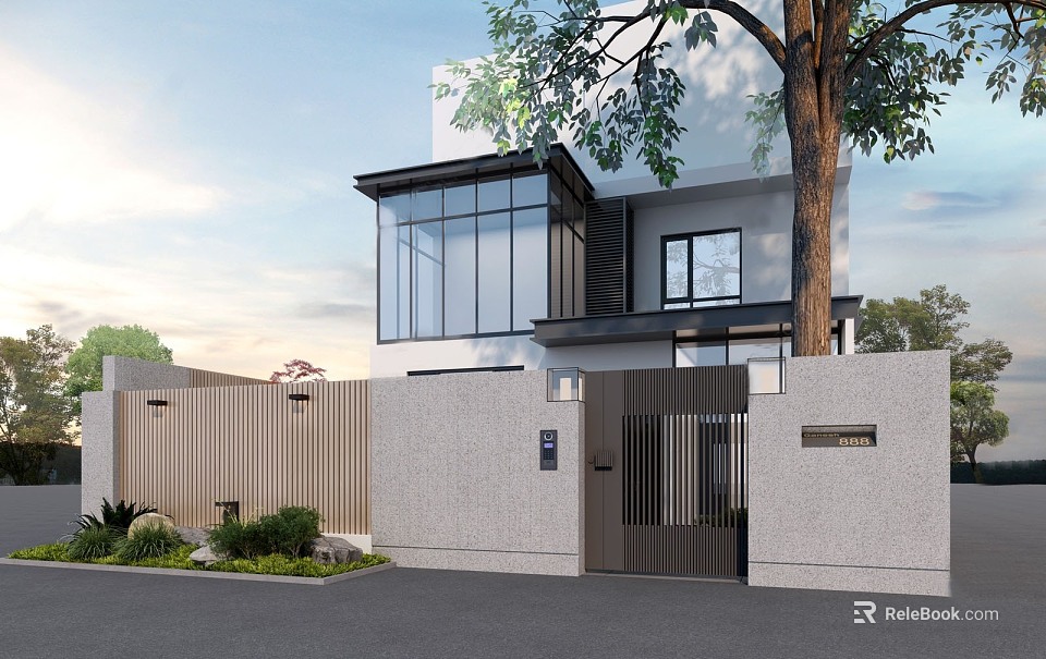 Modern Detached Villa Exterior With Large Glass Windows Gray Wall And Trees 3d model 