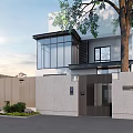 Modern Detached Villa Exterior With Large Glass Windows Gray Wall And Trees