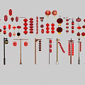 Traditional Red Lanterns Various Styles Hanging On Poles For Decorative 3d model