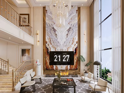 Elegant Living And Dining Room Interior With Chandelier Marble Feature Wall Fireplace And Large Windows 3d model