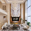 Elegant Living And Dining Room Interior With Chandelier Marble Feature Wall Fireplace And Large Windows