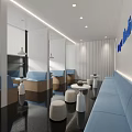 Bright Modern Minimalist Lounge Area With Soft Light Blue Seats And Clean White Interior Design
