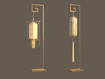 Traditional Chinese Style Floor Lamps With Golden Frame Lantern Shaped Shades And Tassels 3d model
