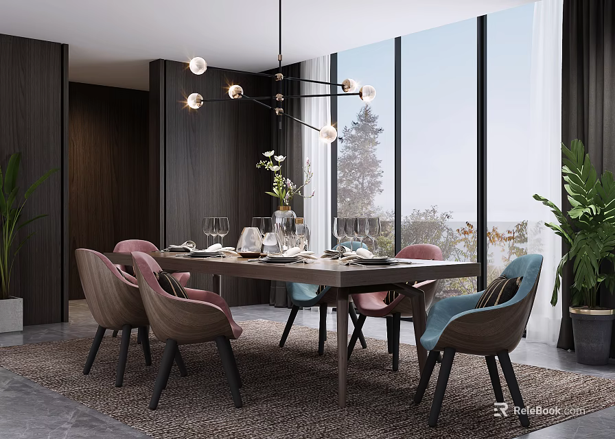 Modern Dining Table Set With Colorful Chairs Chandelier Tableware Vase And Window View 3d model 