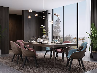 Modern Dining Table Set With Colorful Chairs Chandelier Tableware Vase And Window View 3d model