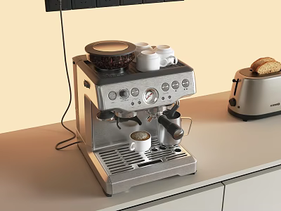 Modern Stainless Steel Espresso Machine and Toaster on Kitchen Countertop 3d model
