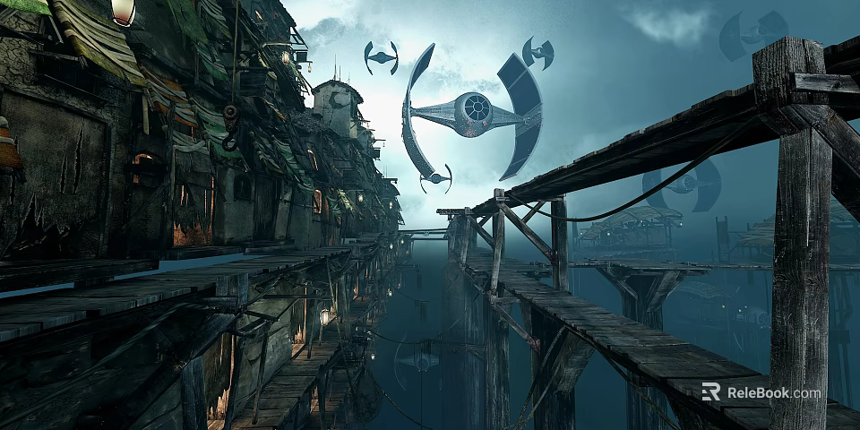 Sci-Fi Scene with Ruined Buildings Floating Aircraft And Wooden Walkways Under Dark Sky Over Water 3d model 