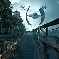 Sci-Fi Scene with Ruined Buildings Floating Aircraft And Wooden Walkways Under Dark Sky Over Water