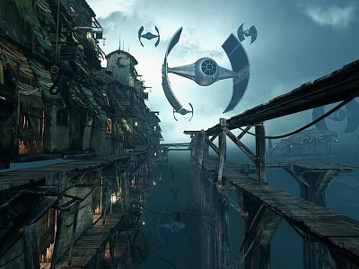 Sci-Fi Scene with Ruined Buildings Floating Aircraft And Wooden Walkways Under Dark Sky Over Water 3d model