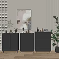 Elegant Modern Console Cabinet And Side Cabinet With Decorative Painting Vase Ornaments And Green Plant