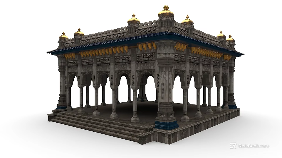Traditional Architectural Structure With Columns Golden Decorations Blue Roof Arched Openings And Steps 3d model 