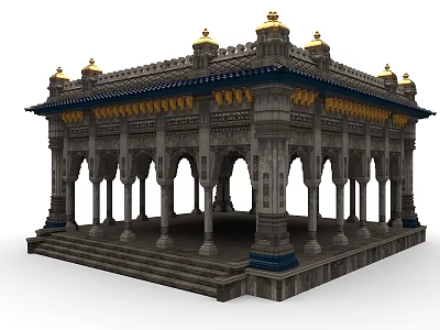 Traditional Architectural Structure With Columns Golden Decorations Blue Roof Arched Openings And Steps 3d model