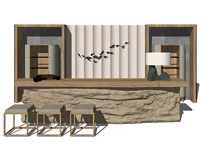 Modern Reception Desk With Wooden Top Stone Base And Bird Wall Art 3d model