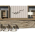 Modern Reception Desk With Wooden Top Stone Base And Bird Wall Art