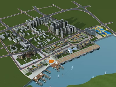 Aerial View Planning Featuring High Rise Buildings Road Network Waterfront Marina and Green Spaces 3d model