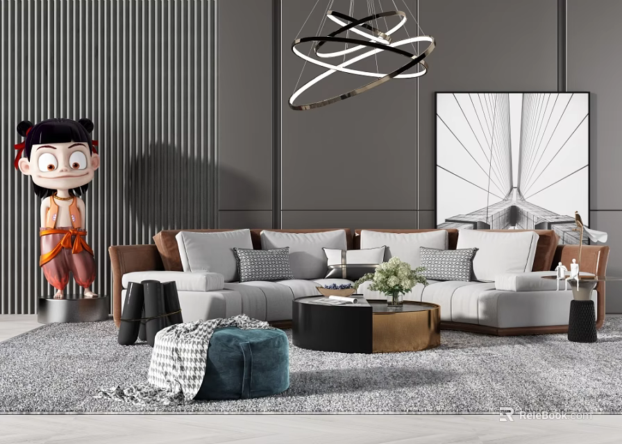 Modern Sofa Coffee Table Set with Decorative Cushions Area Rug Wall Art Chandelier 3d model 