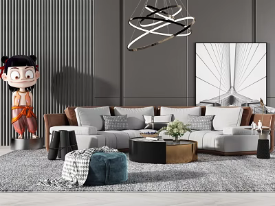 Modern Sofa Coffee Table Set with Decorative Cushions Area Rug Wall Art Chandelier 3d model