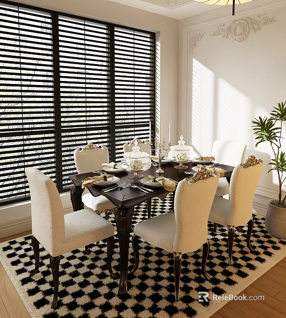 Elegant Dark Wooden Dining Table Set With White Chairs Checkered Rug Tableware And Blinds 3d model 