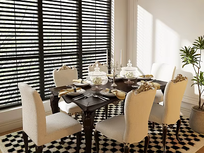Elegant Dark Wooden Dining Table Set With White Chairs Checkered Rug Tableware And Blinds 3d model