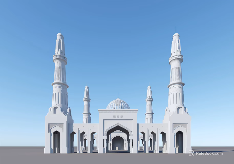 White Mosque Architectural Design With Minarets Dome Arched Entrance And Columns 3d model 