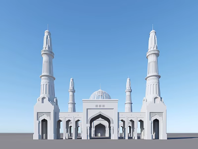 White Mosque Architectural Design With Minarets Dome Arched Entrance And Columns 3d model