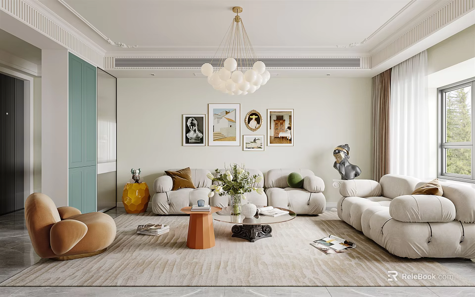 Modern Living Dining Room Interior With Cozy Sofa Chandelier Wall Art And Plants 3d model 