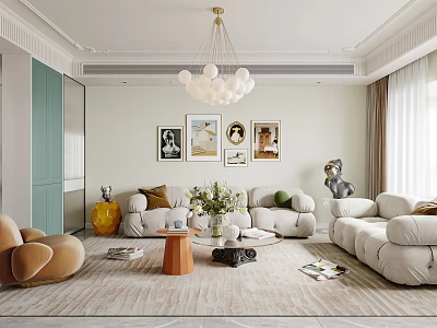 Modern Living Dining Room Interior With Cozy Sofa Chandelier Wall Art And Plants 3d model