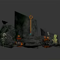 Cartoon Scene With Glowing Blue Pool Orange Lanterns Black Crow And Mossy Rocks