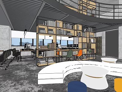 Public Office Space with Open Design Bookshelves Desks Colorful Chairs and Curved Seating Areas 3d model