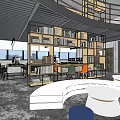 Public Office Space with Open Design Bookshelves Desks Colorful Chairs and Curved Seating Areas