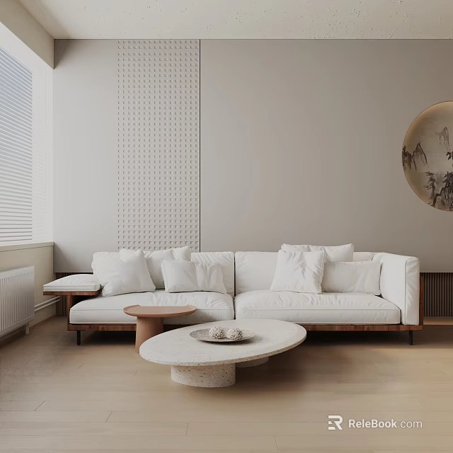 White Three-Seater Sofa in Minimalist Living Room with Round Coffee Table and Wall Decor 3d model 