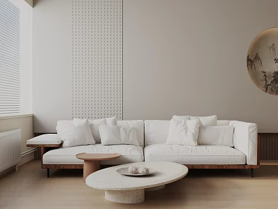 White Three-Seater Sofa in Minimalist Living Room with Round Coffee Table and Wall Decor 3d model
