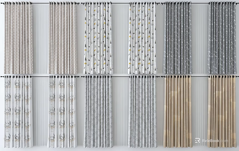 Various Curtain Styles with Different Patterns and Colors for Home Decoration 3d model