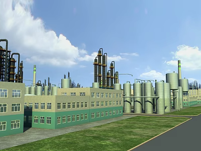Modern Industrial Factory Exterior With Large Storage Tanks Tall Chimneys Green Lawn And Road 3d model