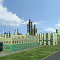 Modern Industrial Factory Exterior With Large Storage Tanks Tall Chimneys Green Lawn And Road