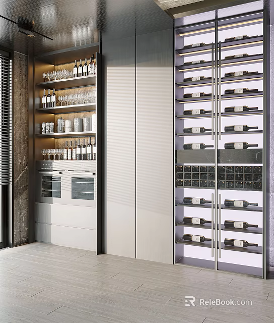 Modern Wine Cabinet Design With Glass Doors Organized Wine Bottles And Wine Glasses Storage 3d model 
