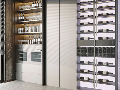 Modern Wine Cabinet Design With Glass Doors Organized Wine Bottles And Wine Glasses Storage 3d model