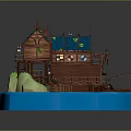 Cartoon Scene Featuring Wooden Hut On Water With Blue Roof And Small Boat