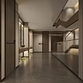 Modern Elevator Hallway Interior With Wooden Walls Recessed Lighting And Decorative Green Plants